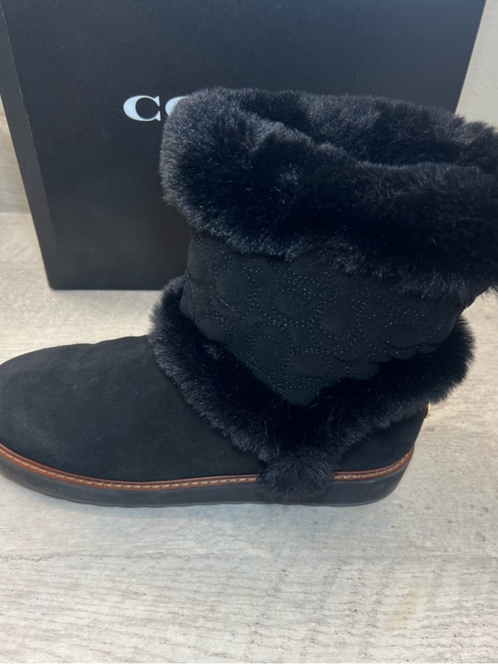 COACH IZZIE Boots Size 11 Black Signature Midcalf Suede Faux Fur FG4597 - Picture 4 of 16